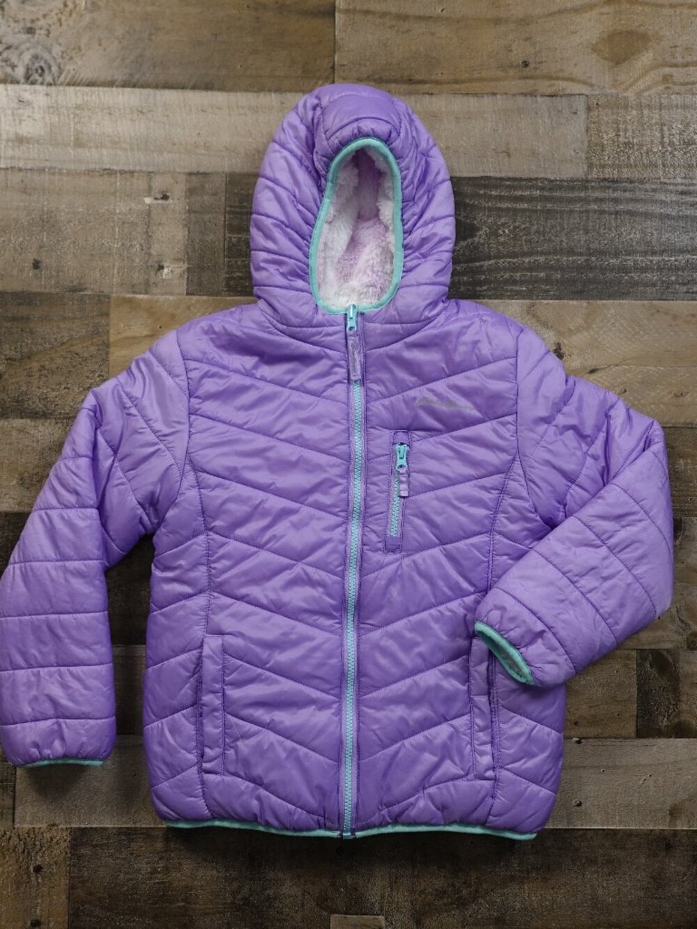 Eddie Bauer Reversible Puffer Jacket Girls M 10/12 Purple Hooded Faux Fur